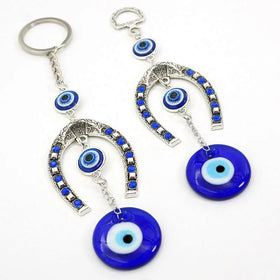 Popular Alloy Horse Shoes Blue Evil Eye Key Chain Hangings Charms for Decoration Evil Eye Beads Jewelry Pendant Metal Key Chains