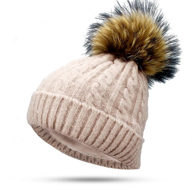 High Quality Ladies New Winter Hat With Fleece Pompom Fur Beanies Women Wool Knitted Real Raccoon Fur Pom Pom Caps