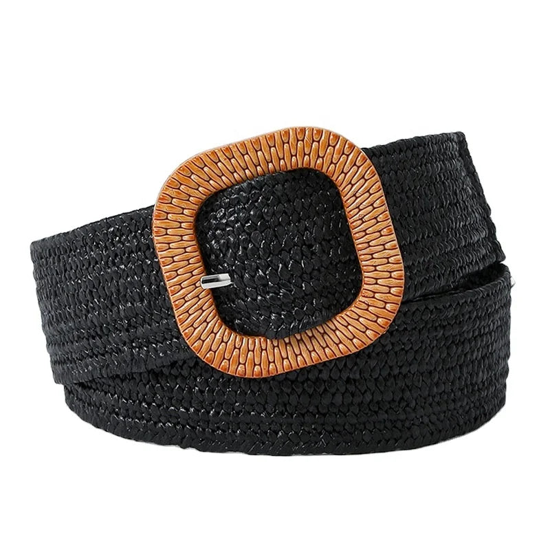 Factory Price Women's 40mm Wide PP Straw Knitted Square Plastic Pin Buckle Waist Dress Belt 95 CM Long
