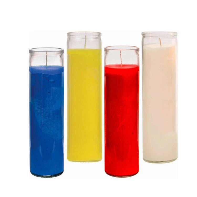 Cylinder Tall Pillar Empty Prayer Candles Jars with Screen Printing Glass Body & Metal Lid for Religious 7 Days Candles