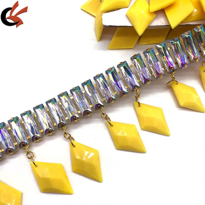 Yellow Diamond Shape Resin Stones Hanging Rhinestone Fringe Trims Tassel Chain for Garments Shoes Bags