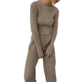 Spring Ready to Ship Ribbed Long Sleeve Top Casual Wide Leg Pants Two Piece Women Set