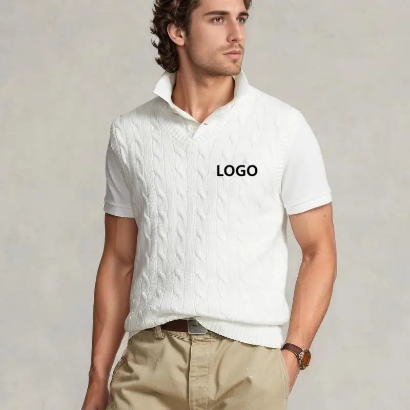 Custom Knitwear Manufacturer Quality Mens Sleeveless V Neck White Cable Knit Horse Logo Sweater Vest Men