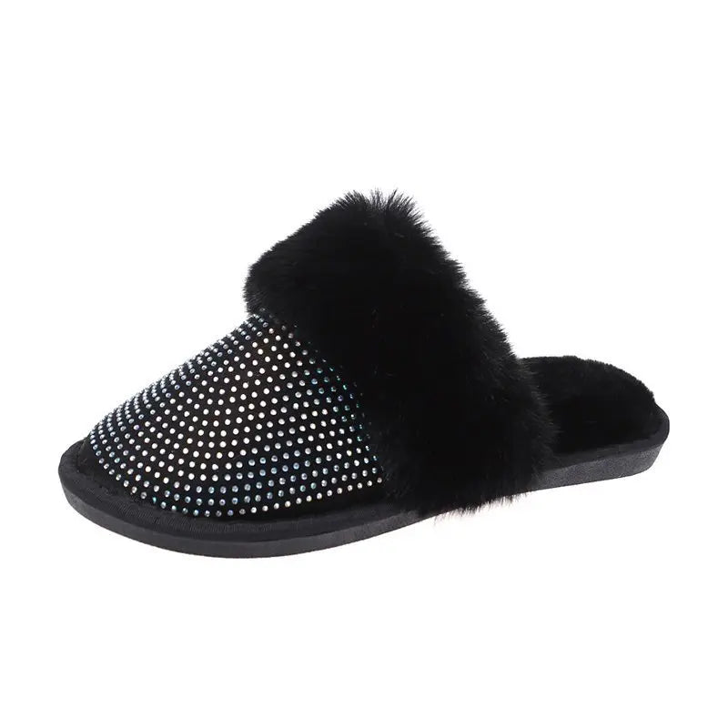 Big Size Slippers Female Ladies Designer Shoes Women Luxury 2021 Rhinestone Fur Crystal Slides Mules Slippers Flats Lady Shoes