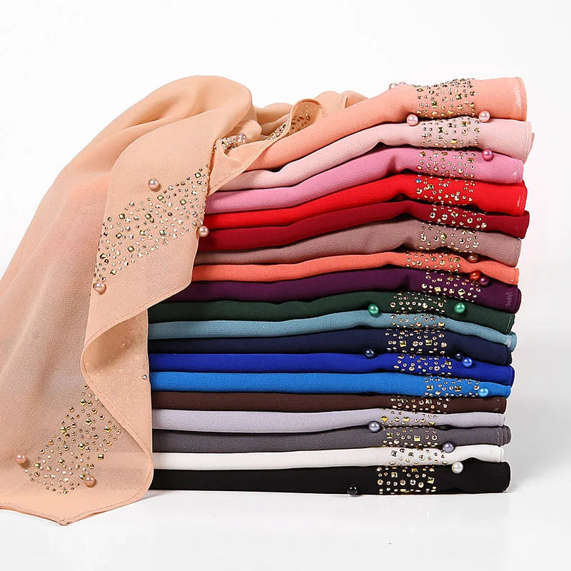 Wholesale of New Pearl Chiffon Headband Hot Diamonds Single Color Headscarves Shawls Hijab