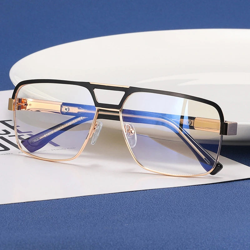 Metal Frame Famous Brand Optical Prescription Business Anti Blue Light Glasses for Men Eyeglasses Frames Large Double Bridge