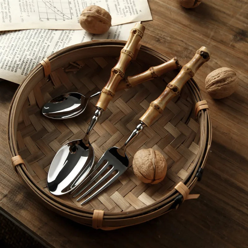 Solhui Dinnerware Set Spoon Fork Knife Stainless Steel Cutlery Set Flatware with Bamboo Handle