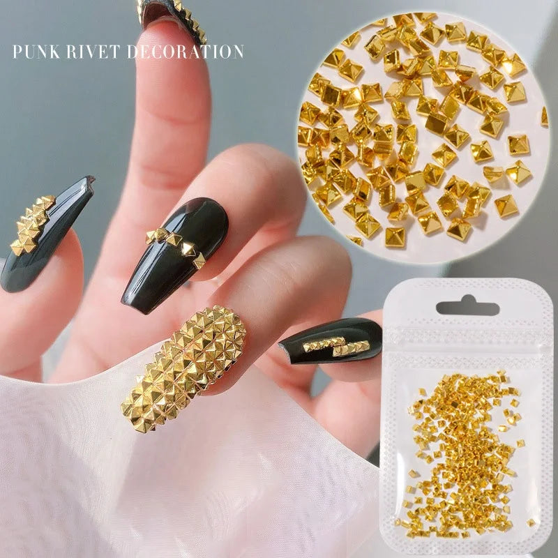 Paso Sico 200pcs/bag High Quality Japanese Gold Silver Pointed Square Metal Rivet Nail Accessories 3D for Manicure Charms