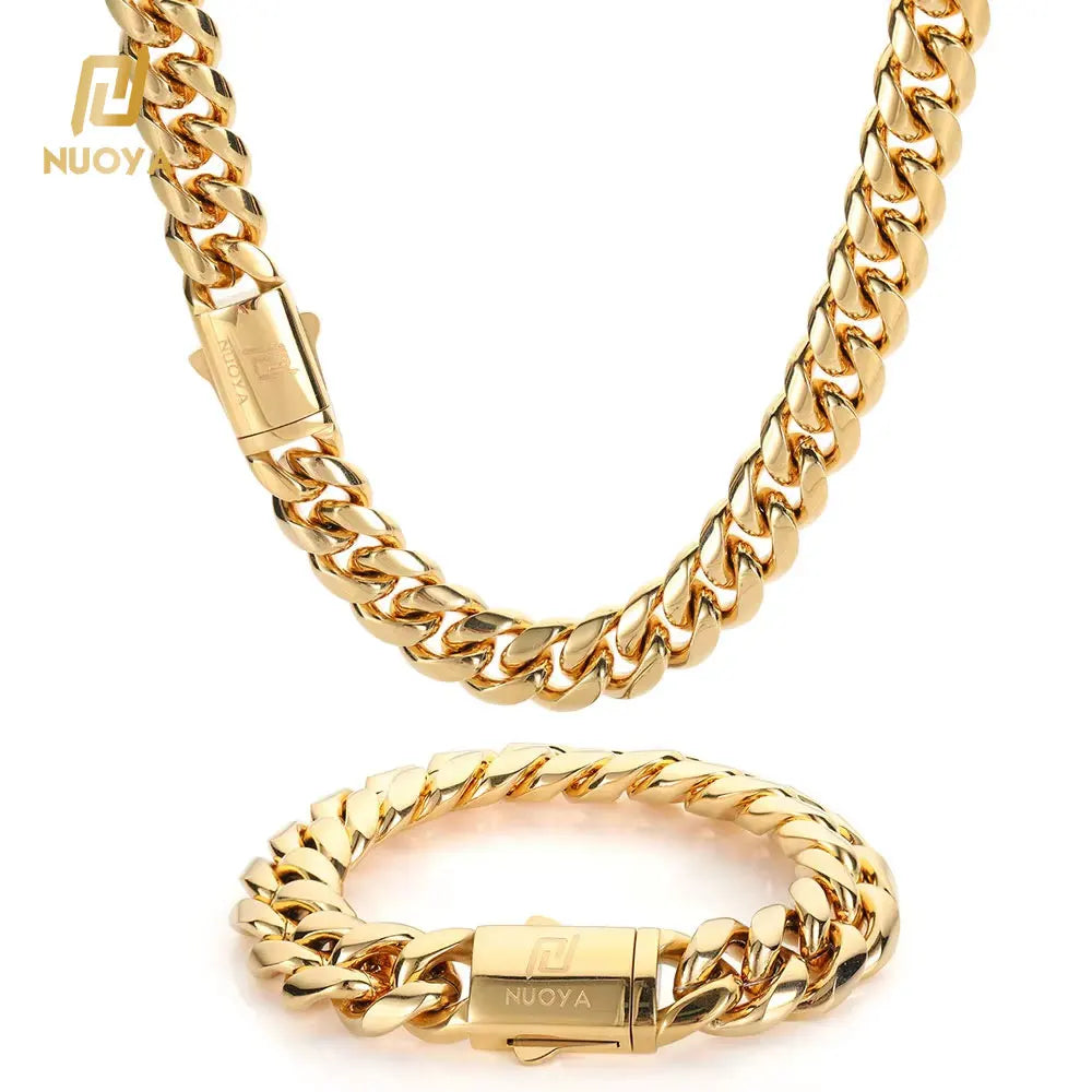 NUOYA Custom Logo Stainless Steel Cuban Link Hip Hop Jewelry Gold Silver Miami Cuban Link Chain for Men MegaBDM