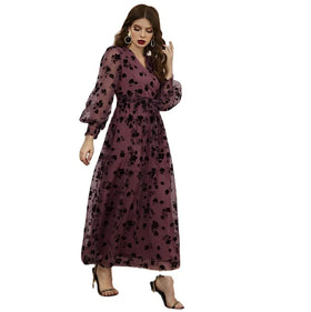 European and American Autumn V-Neck Women's Fashion Casual Long Sleeved High Waisted Floral Floral Lace Dress
