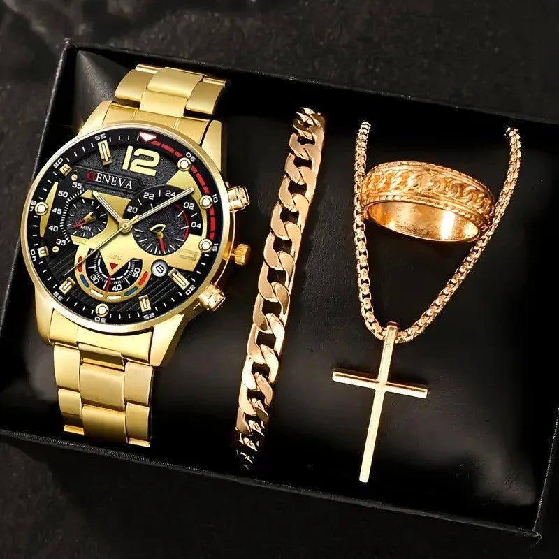 Fenyi Wholesale Hot Sale Casual Trendy Fashion Decoration Three-eye Calendar Alloy Disc Necklace Ring Watch Bracelet Set for Men MegaBDM