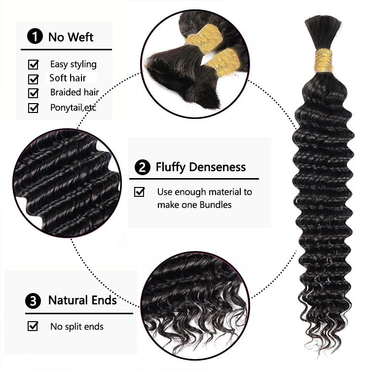 Human Braiding Hair  Deep Wave Bulk for Braiding No Weft  Deep Curly Braiding Hair for Boho Braids Brazilian Virgin Human Hair