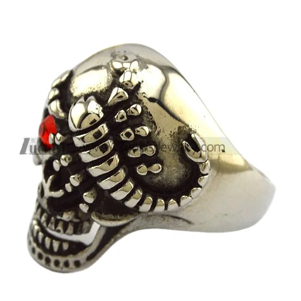 Demon Jewelry Single Red Ruby Eyed Scorpion Ledge Skull Ring Stainless Steel Cluster Ring with Gold Plating