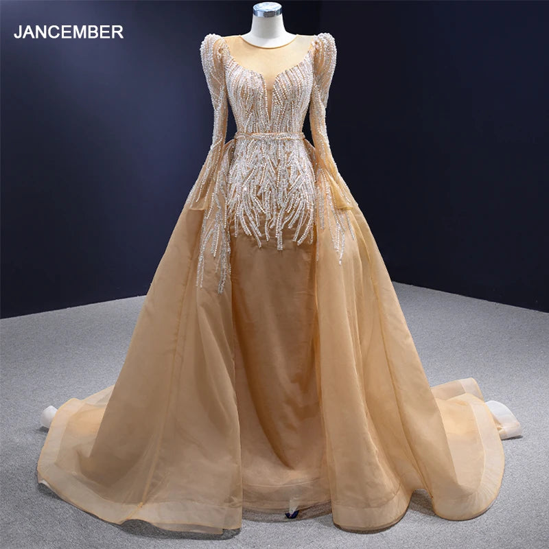 Jancember Rsm231005 Champagne Long Sleeve Beaded Mermaid Evening Dresses With Detachable Train
