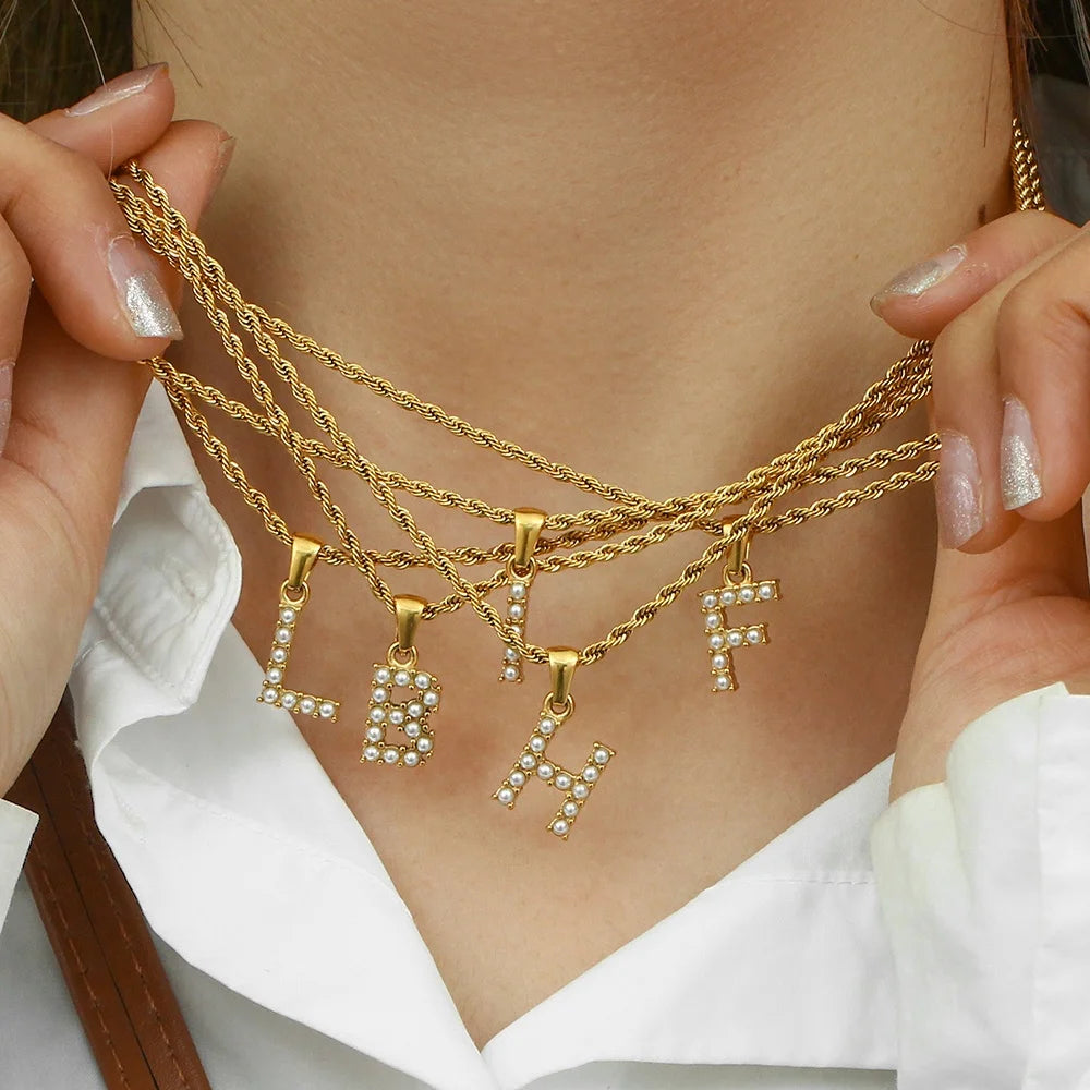 Trendy Pearl Rope Chain Initial Necklace 18K Gold Plated Stainless Steel PVD Gold Plated Jewelry