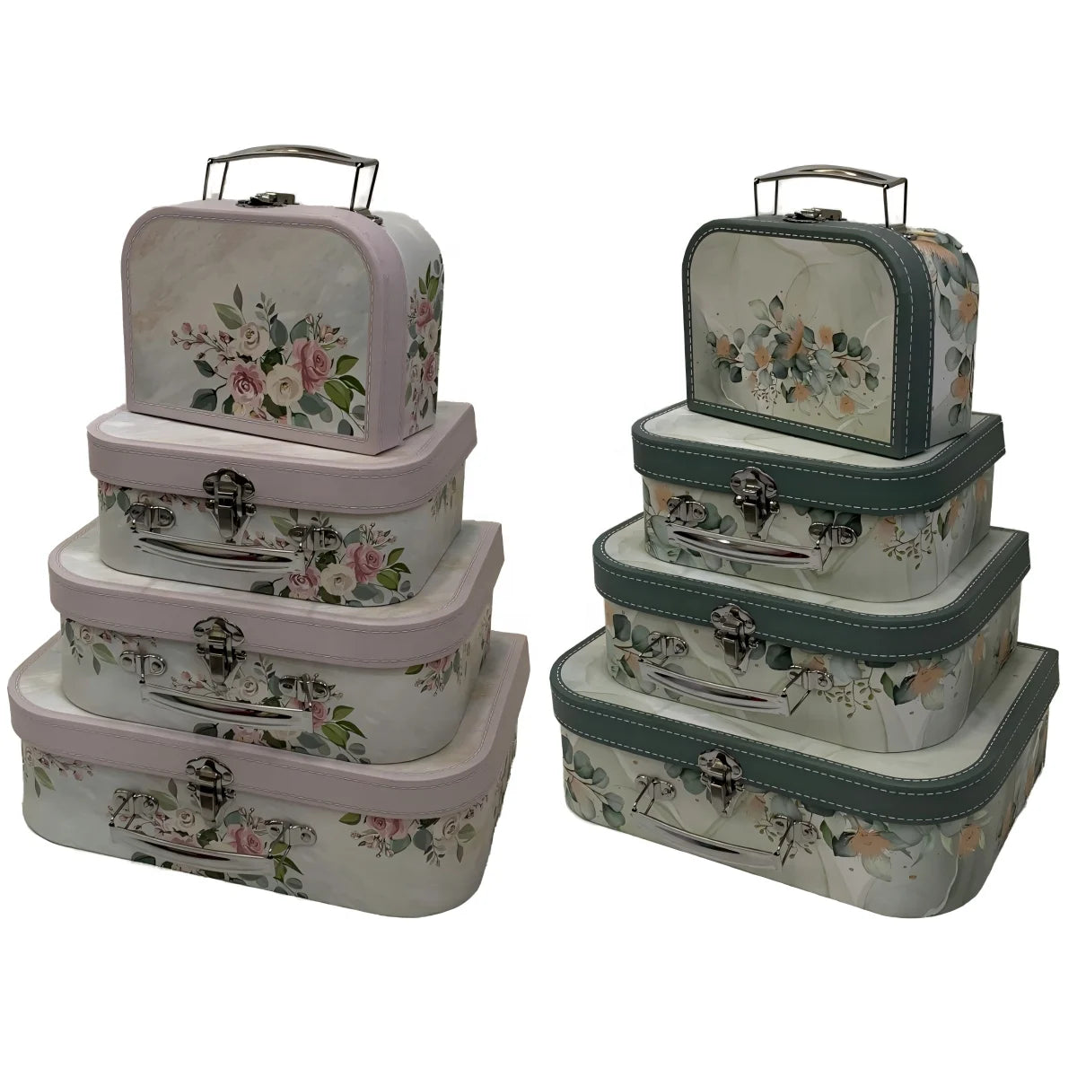Stock  High Quality Printed Cardboard Rectangular 4 Pcs Set 4 Suitcase Portable Gift Box Gift Packaging Box with Metal Handle