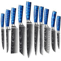 10 Pcs Kitchen Knives Set Laser Damascus Pattern Stainless Steel Blue Resin Handle Dishwasher Safe Ambidextrous Paring Knife