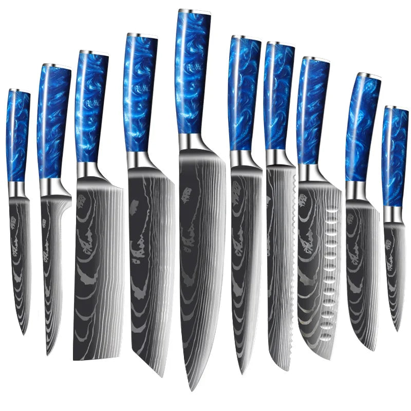 10 Pcs Kitchen Knives Set Laser Damascus Pattern Stainless Steel Blue Resin Handle Dishwasher Safe Ambidextrous Paring Knife