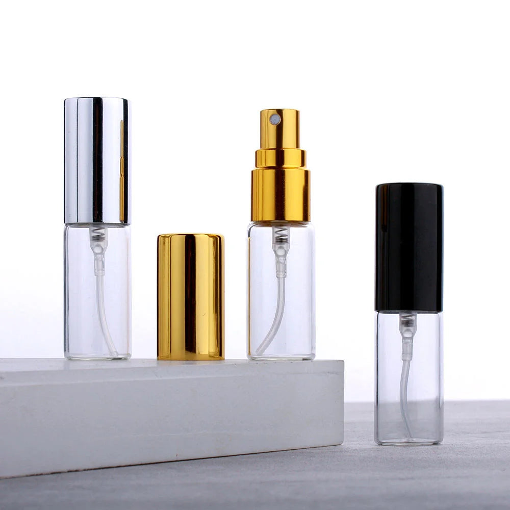 Portable Mini 5ml Refillable Spray Sample Vial Tester Atomizer Clear Glass Perfume Bottle With Gold Silver Black Sprayer Pump MegaBDM