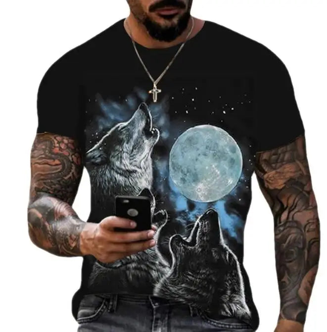 Summer Men Animal Print Tops Casual Big Size Wolf 3D Printed Round Neck Pullover Short Sleeved T-shirt