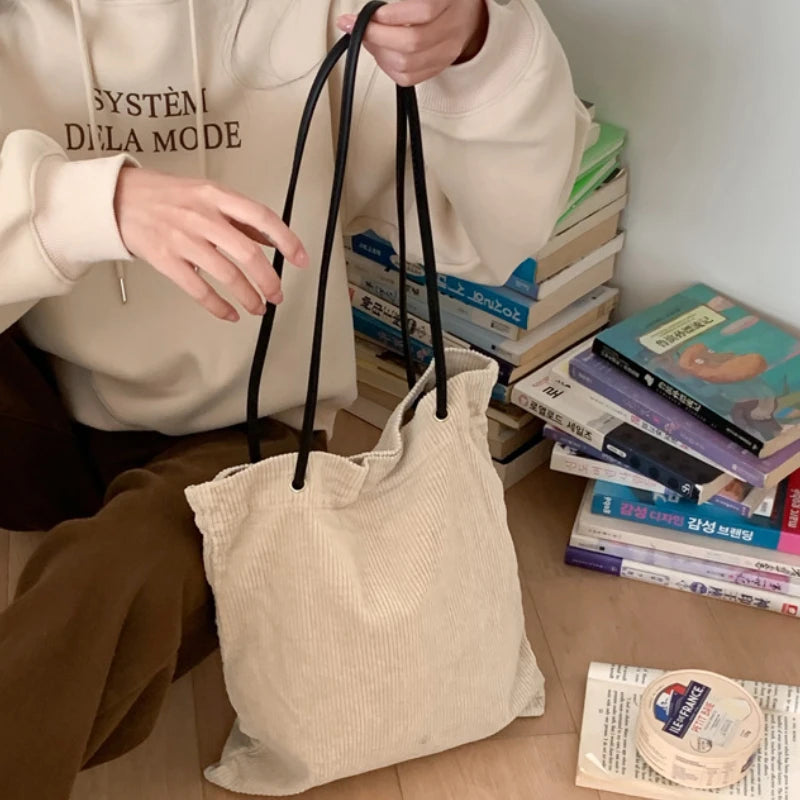 Casual Large Capacity Women's Shoulder Bag Simple Corduroy Commuter Ladies Shopping Bags Solid Color Portable Female Book Tote