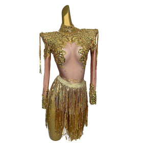 Shiny Sequins Tassel Bodysuits Short Skirts Two Piece Set Carnival Party Costume Woman Club Jumpsuits Exotic Dancer Outfits