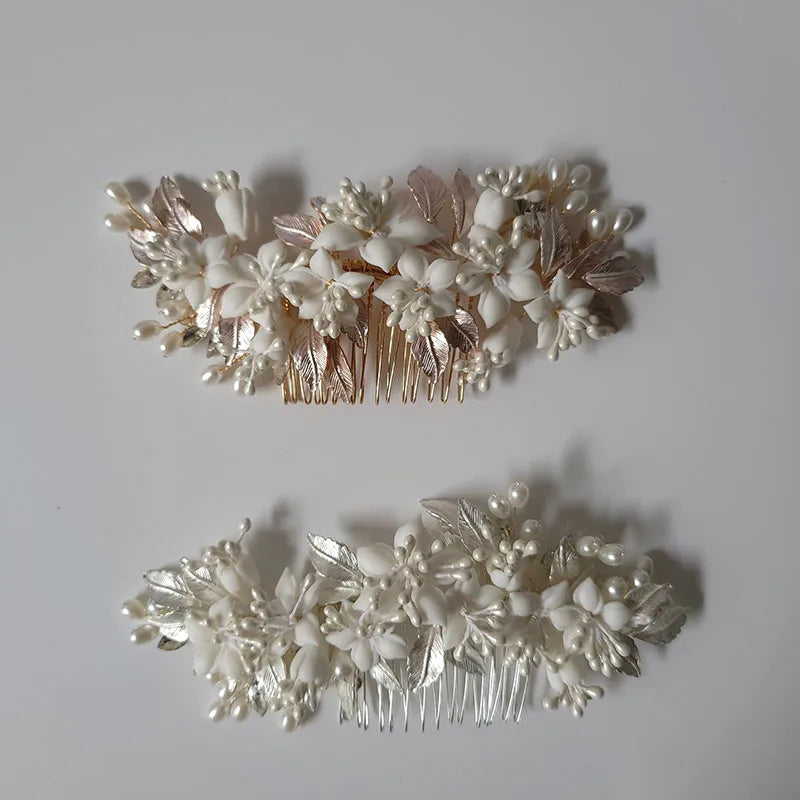 SLBRIDAL Handmade Rhinestones Pearls Ceramic Flower Leaf Bridal Hair Comb Wedding Headpieces Hair Accessories Women Jewelry