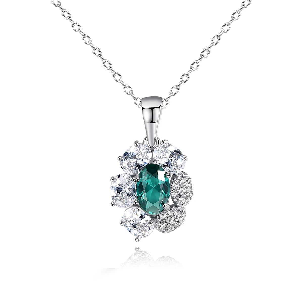 CZCITY Oval Cut Gemstone Pendant Necklace 925 Sterling Silver Chain Necklace for Women Prom Party Flower Cubic Zircon Jewelry
