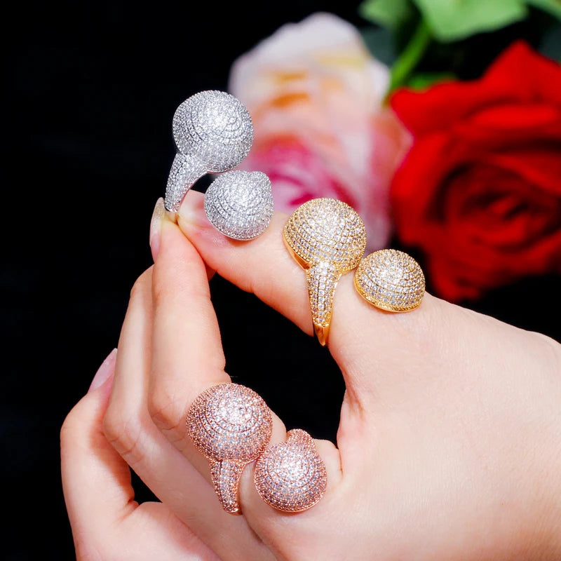 Unique Design Jewelry Micro Pave CZ Setting Ball 18K Gold Color Ladies Engagement Adjustable Size Finger Rings for Wedding