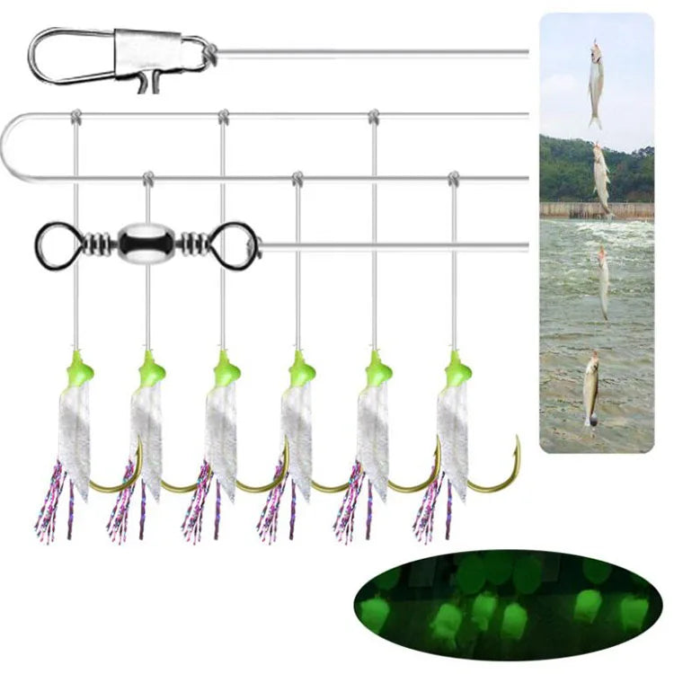 WEIHE 8-19# Sabiki Fishing Rigs Bait Lures Freshwater Saltwater Sea Feather Hooks 6 Pcs Green Sabiki Rigs