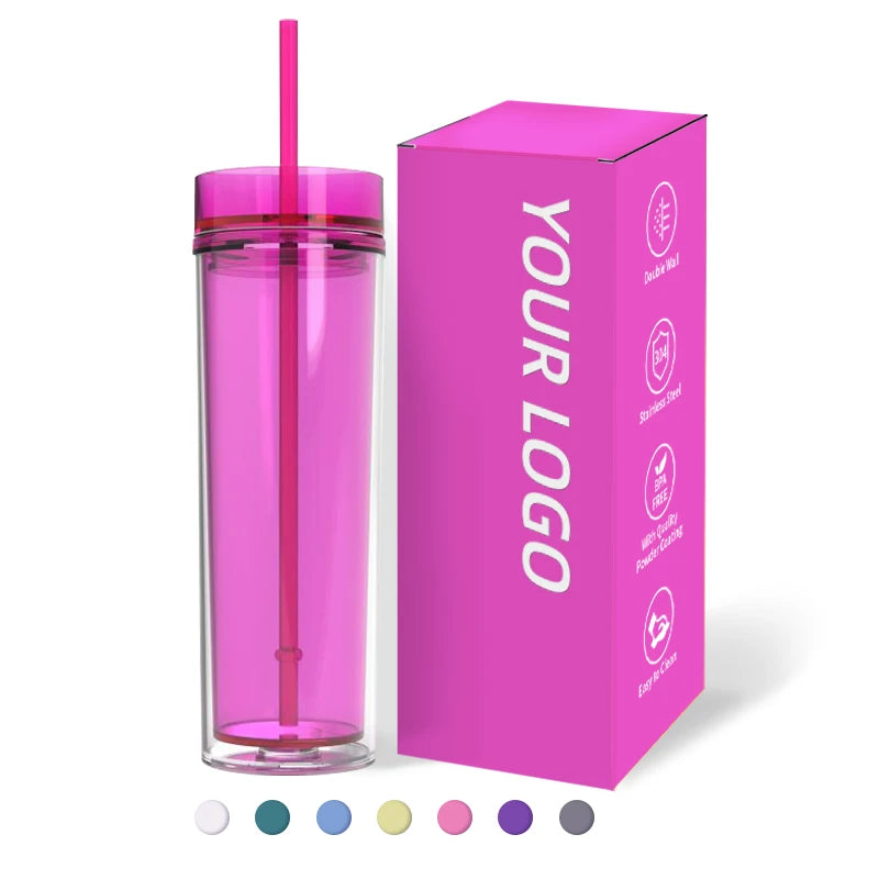 Custom logo 16oz Acrylic Skinny Tumbler Double Wall Clear Bottles  Eco Friendly Plastic Tumblers  with Plastic Straw and Lid