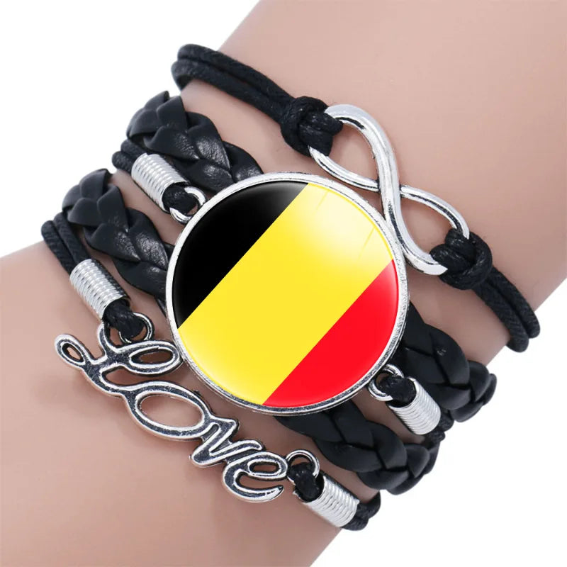 Manufacturer European National Country Flag Design Infinity Love Black Leather Wrap Bracelet