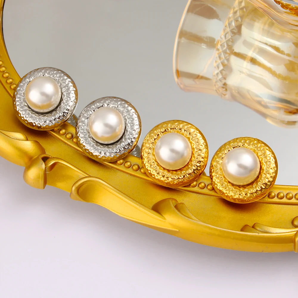 Waterproof 18K Gold Plated  304 Stainless Steel Round Hammer Texture Irregular Pearl Stud Earring for Girls