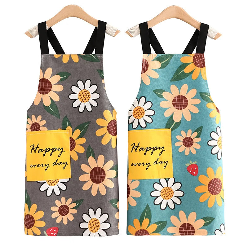 Shoulder strap Back cross Floral print bib apron for gardening cooking painting mom and kids apron