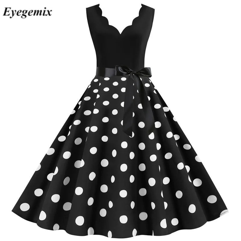 Woman Retro Dresses Audrey Hepburn 1950s 60s Rockabilly V-neck Polka Dot Bow Pinup Ball Grown Party Robe Vestidos