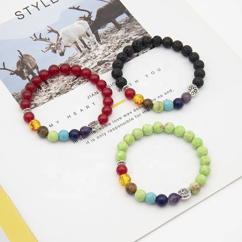 Natural Precious Gemstone Beads BraceletTree Life Charm Chakra Energy Stone BraceletHealing Anxiety Stretch Bracelets