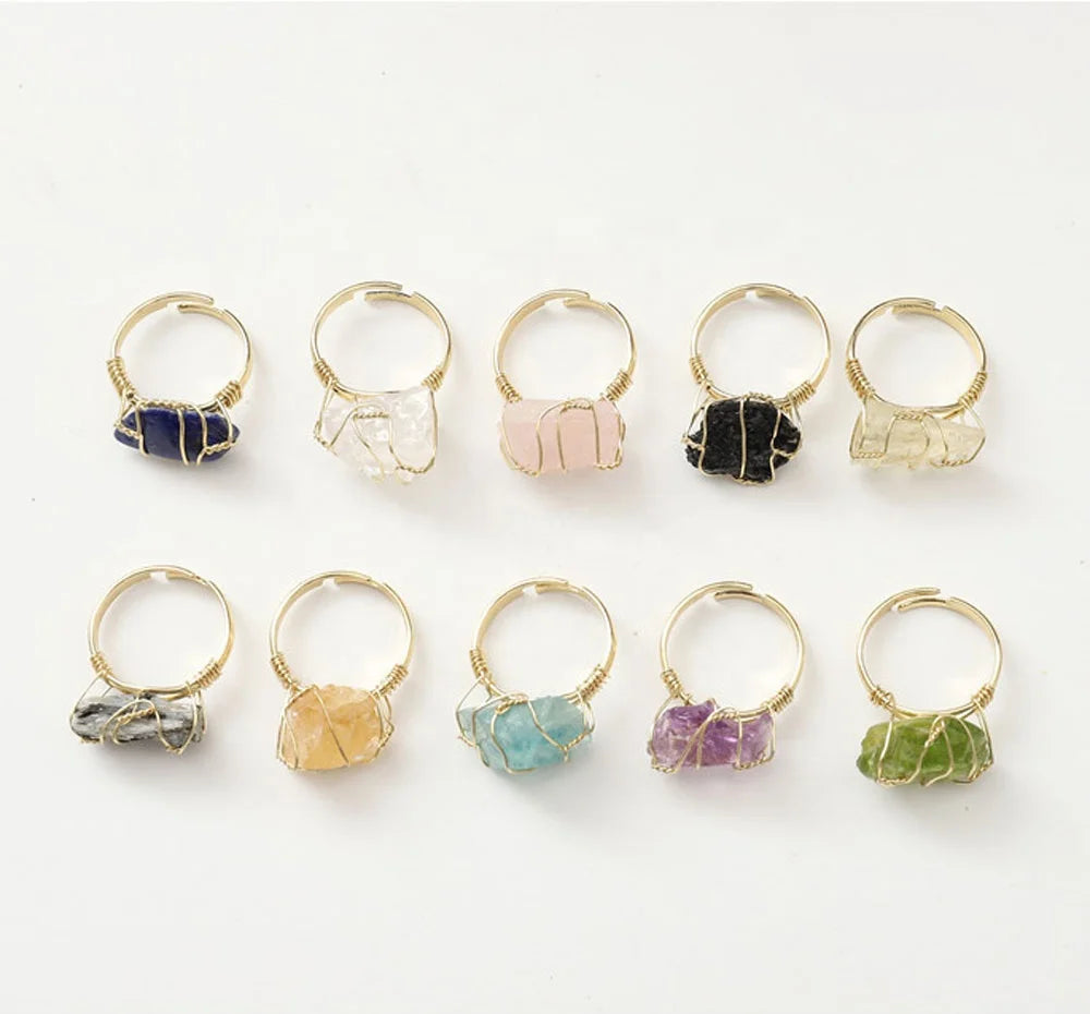 New Design Raw Quartz Bohemian Adjustable Crystal Ring Natural Gold Hand Make Wire Wrapped Rings Mineral Stone Fluorite Jewelry