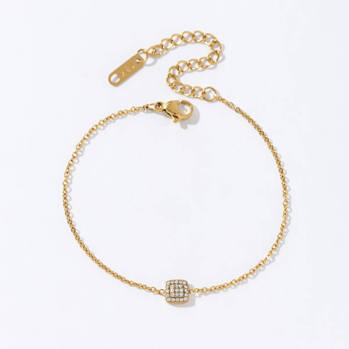 Fashion Women Thin Chain Charm 18K Gold Plated Stainless Steel Square Pendant Cubic Zirconia Bracelet