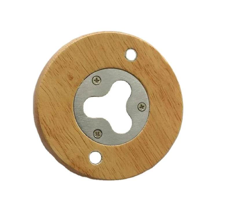 Custom logo Stainless Steel Magnetic Round coaster Wood Beer Bottle Opener