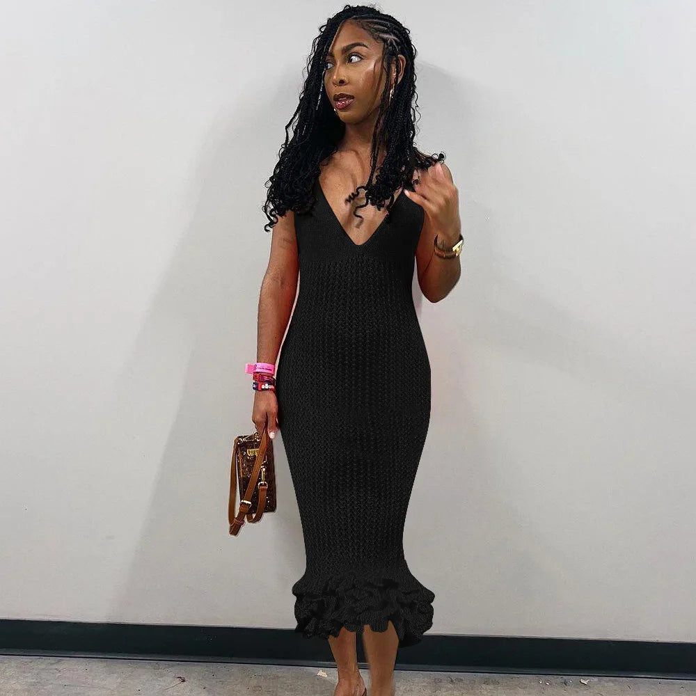 New Arrivals Modest Solid Color Sleeveless Elegant Slim Sexy Knit Bodycon Midi Dress