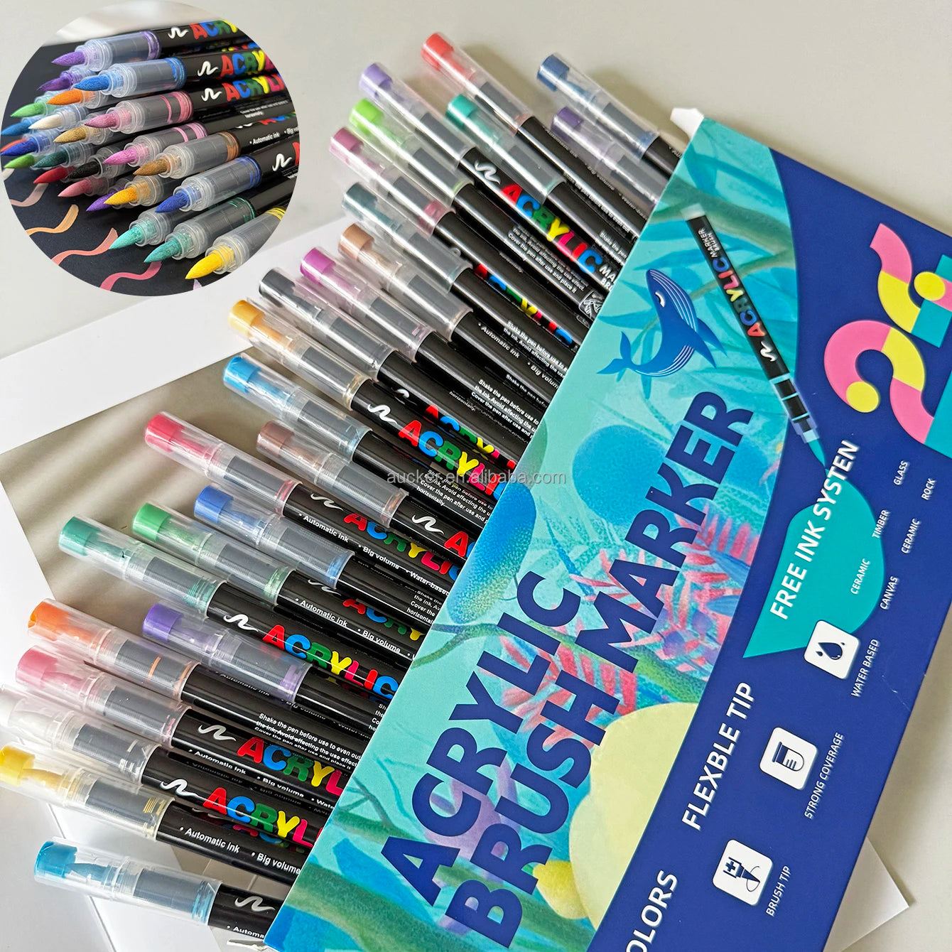 Acrylic Markers Pen Direct-ink Acrylic Markers 24 Colors Paint Markers Waterproof & Lightfast  24-color Paint Pens Liquid