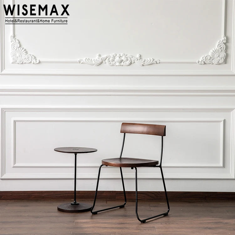 WISEMAX FURNITURE Nordic Antique Dining Room Furniture Solid Wood Curved Backrest Metal Frame Restaurant Hotel Dining Chair