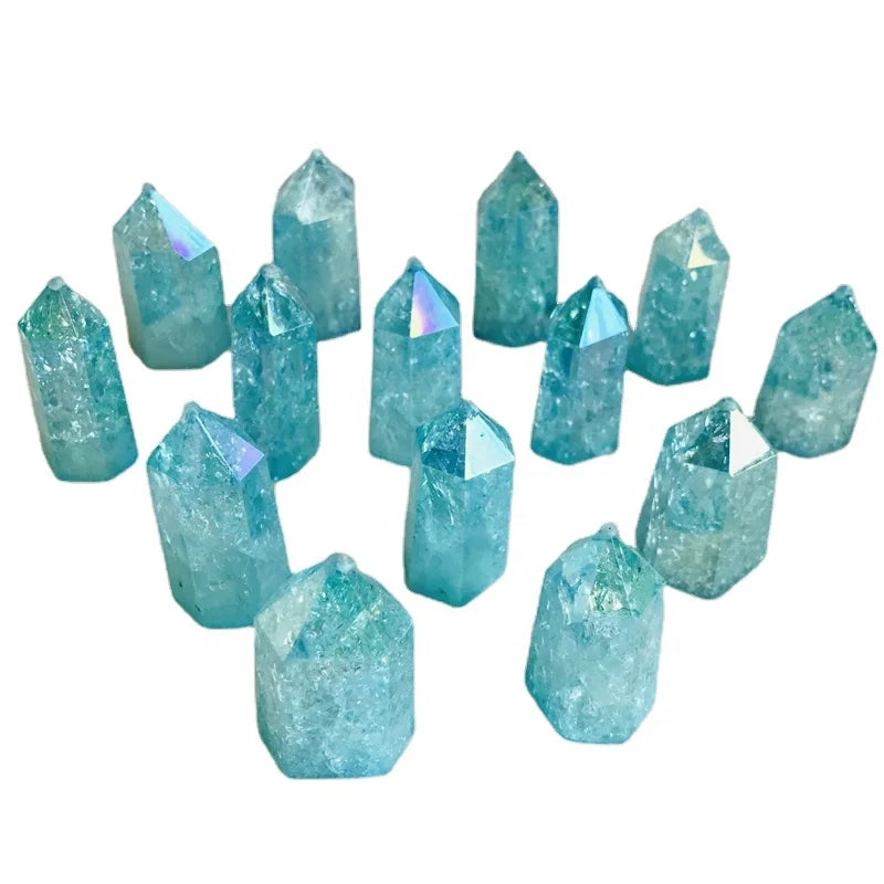 Wholesale Crystal Gemstone Quartz Cracking Tower Polished Aura Angel Blue Crackled Clear Quartz Point