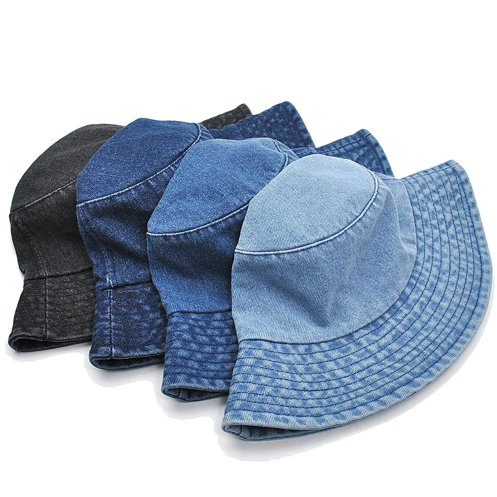 Foldable Fisherman Bucket Hat Unisex Summer Cotton Denim 3D Embroidery (Letter Pattern) Washed Finish Sunscreen Outdoor Hip Hop