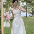 Summer Women's French Gentle Temperament Square Neck Strap Solid Color Dress Slim Fit High Waist Long Dress