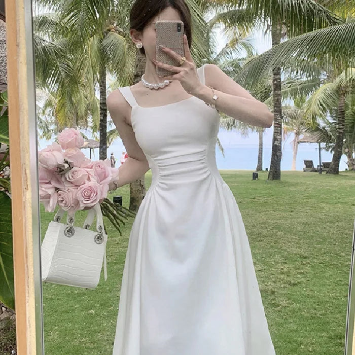 Summer Women's French Gentle Temperament Square Neck Strap Solid Color Dress Slim Fit High Waist Long Dress