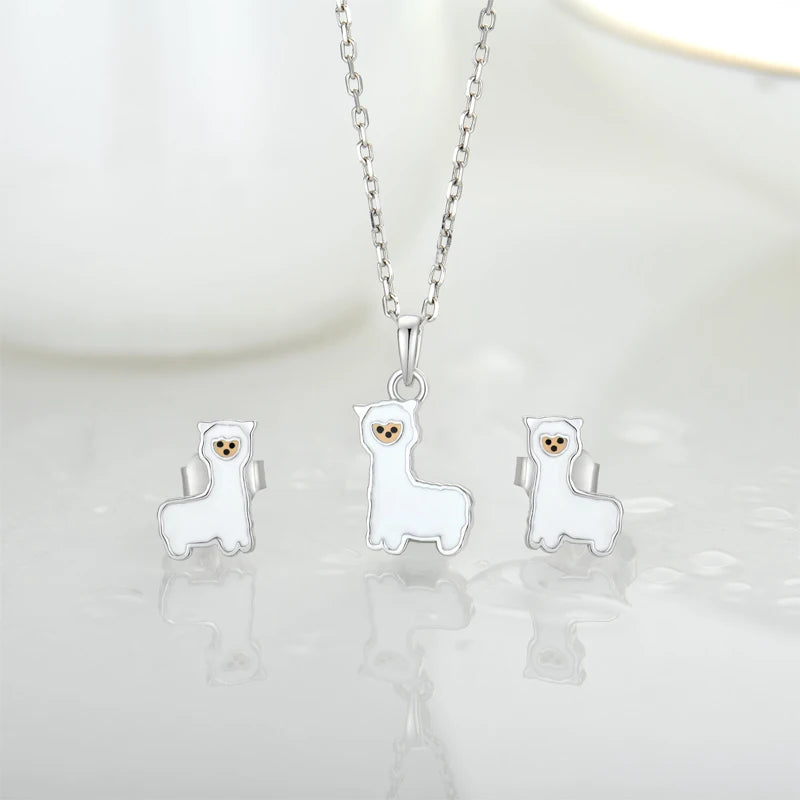OEM ODMM Handmade 925 Sterling Silver Llama Pendant Necklace & Earring Set Cute Alpaca Design Enamel Anima Jewelry Set