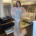 Champagne Mermaid Evening Dress With Feathers Shawl Cape Luxury Dubai Prom Dresses Long Graduation Formal Gown Sz039