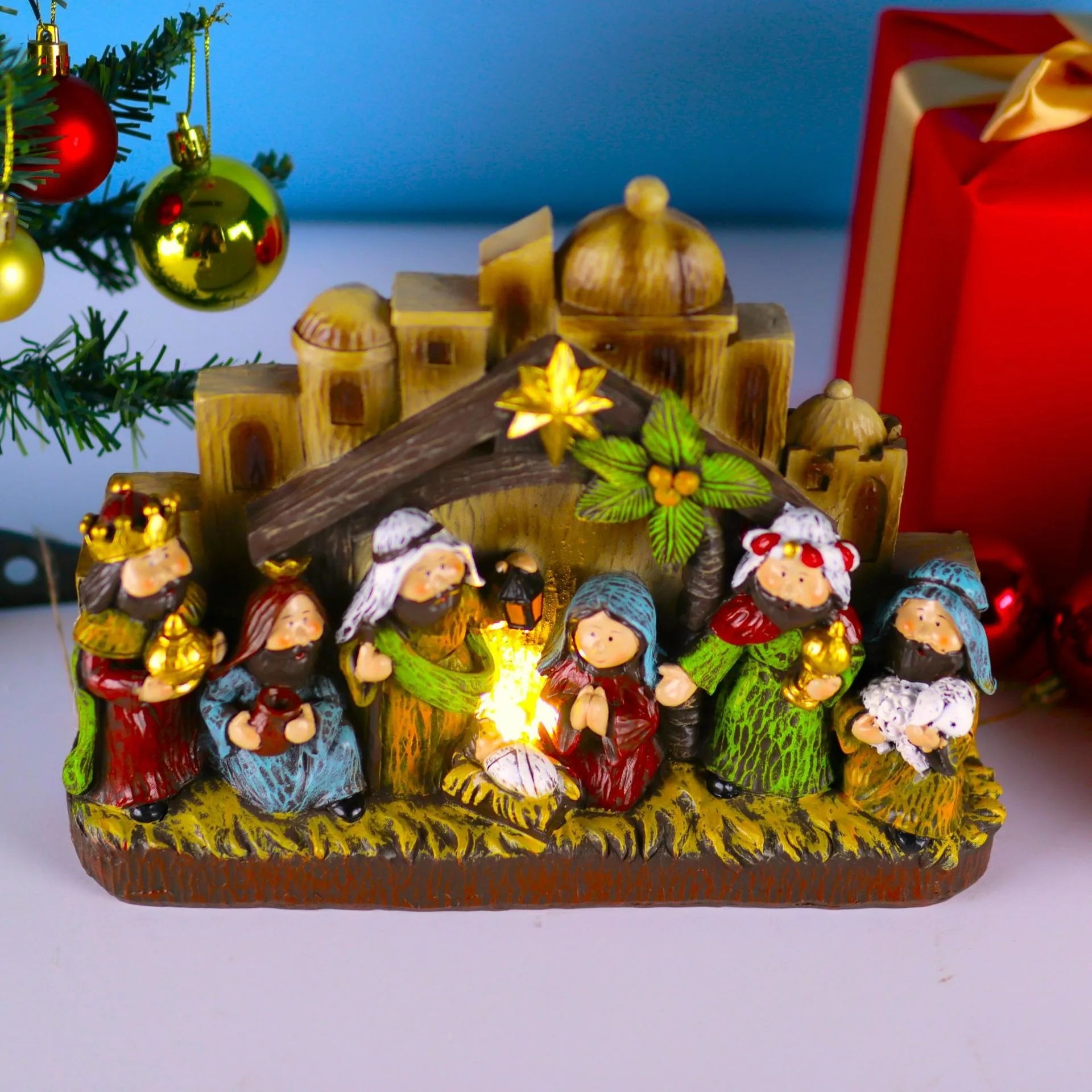 Witt Cartoon Q Version of Christmas Manger Group Castle LED Light Resin Religious Statue Nativity Scene Home Life Decoration