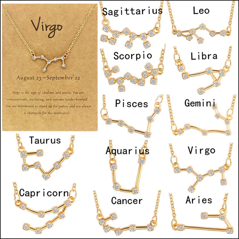 Dainty Silver Gold Plated Crystal Zircon Astrology Horoscope Pendant 12 Zodiac Sign Necklace Jewelry for Women